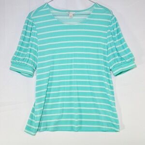 Cato Womens Aqua White Striped Puff Sleeve Knit Top Size S Crew Neck Casual‎